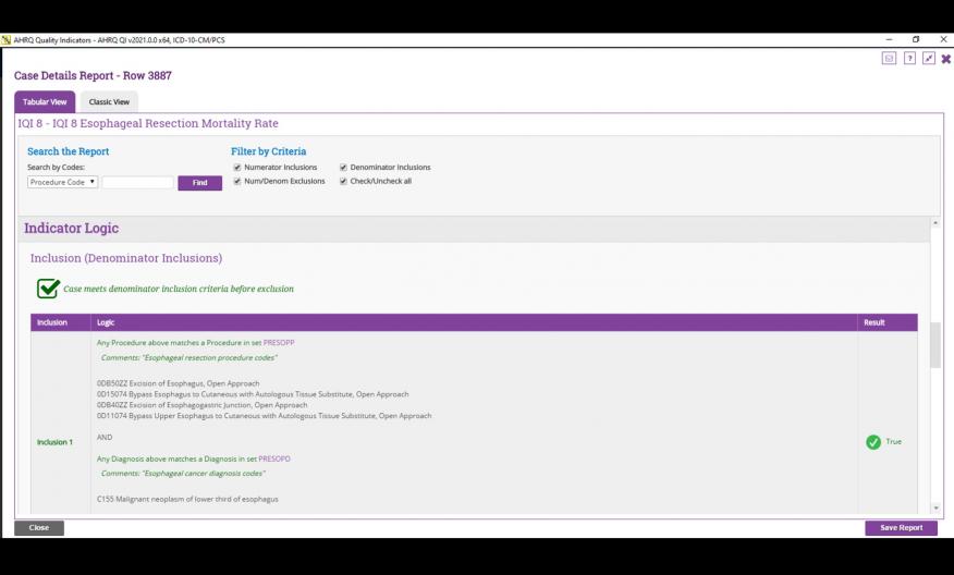 AHRQ QI case report tabular view